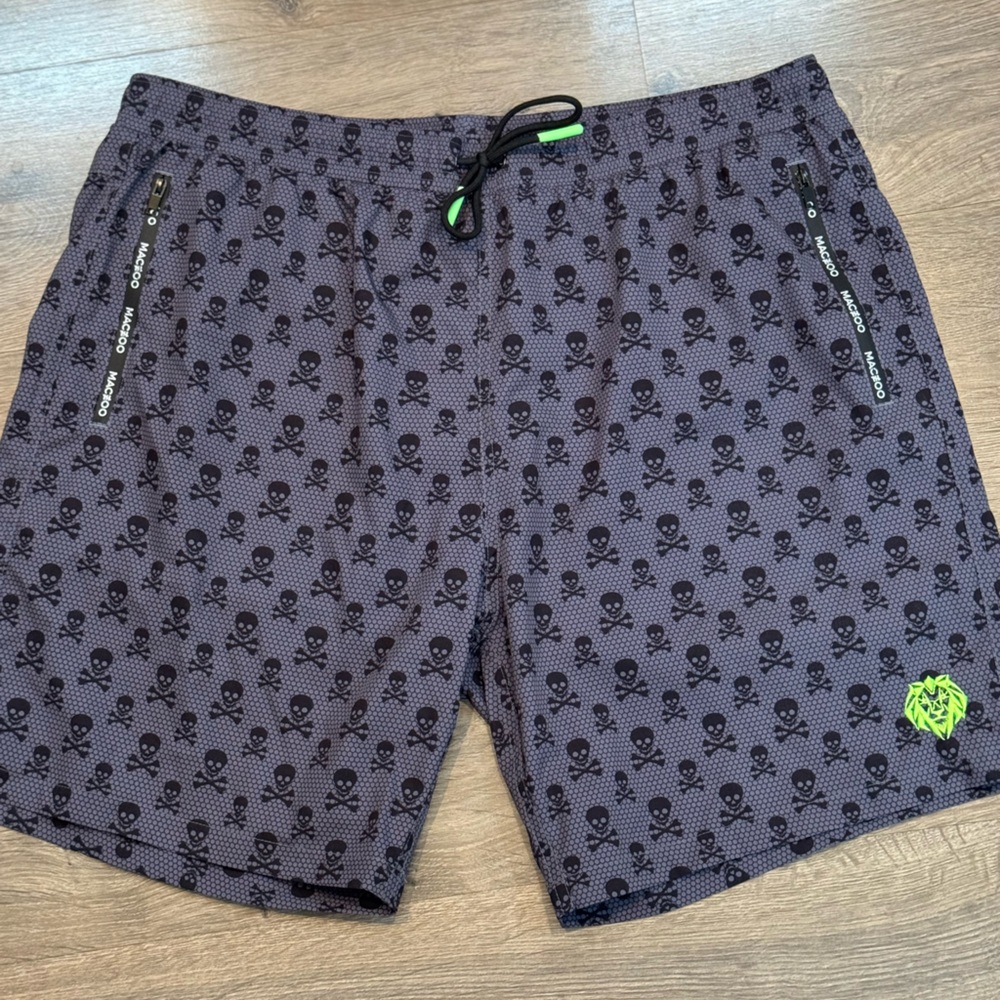 Maceoo Skull Print Swim Shorts in Charcoal with Neon Green Accents